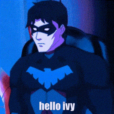 a cartoon character says hello ivy while wearing a batman suit
