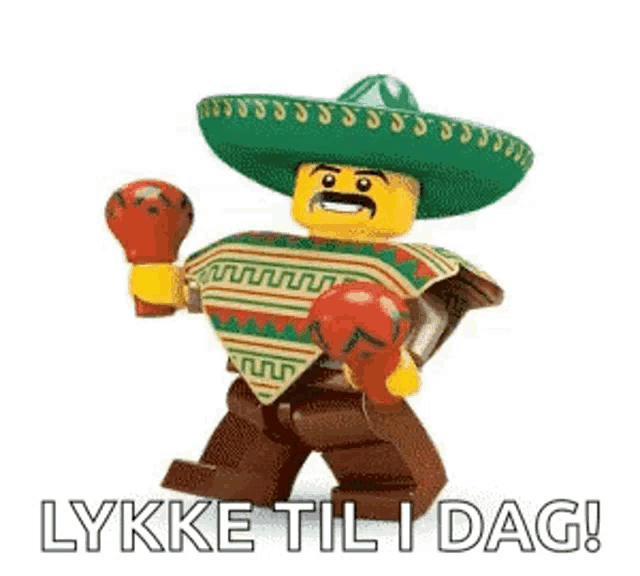 a lego man wearing a sombrero and boxing gloves is holding a pair of red boxing gloves .