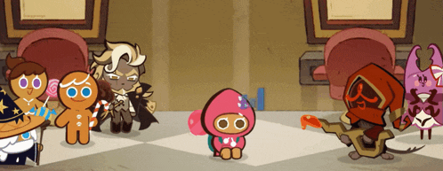 a bunch of cartoon characters including a gingerbread man