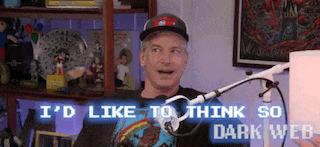 a man is standing in front of a microphone with the words i 'd like to think so dark web on the screen