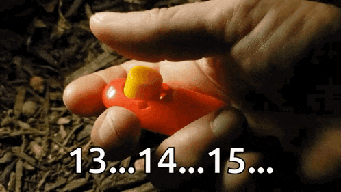 a person is holding a red object in their hand with the number 13 14 15 written below it