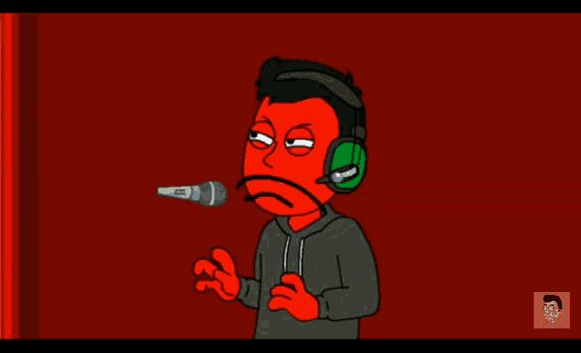 a cartoon of a man talking into a microphone next to a dog