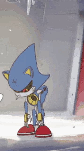 a cartoon drawing of a robotic sonic the hedgehog standing in a room