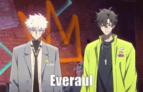 two anime characters are standing next to each other and the word everaul is on the bottom