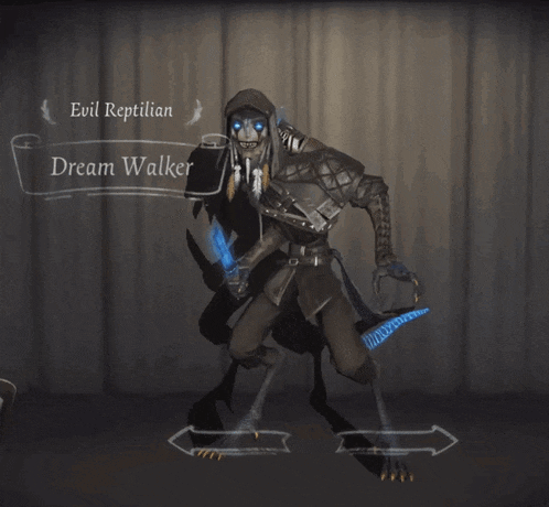 a video game character named evil reptilian dream walker is holding a sword