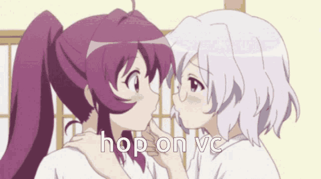 a couple of anime girls kissing with the words hop on vc above them