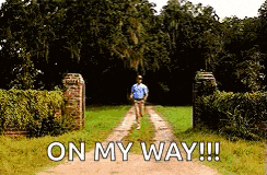 a man is running down a dirt road with the words on my way written on it