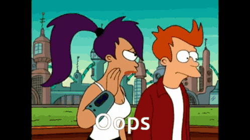 a couple of cartoon characters standing next to each other with the word oops on the bottom right