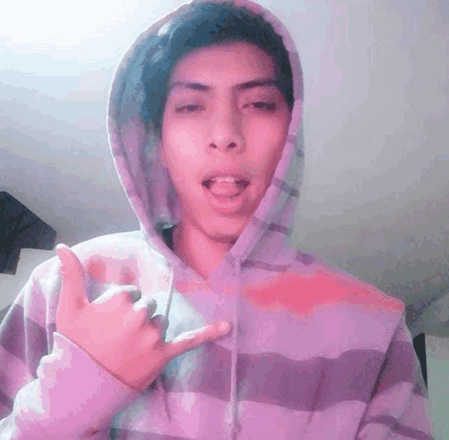 a young man wearing a purple and pink striped hoodie is making a peace sign .