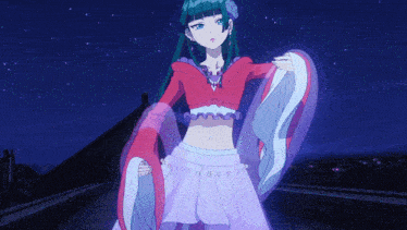 a girl with green hair and a purple skirt is dancing