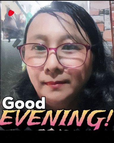 a woman wearing glasses says " good evening " on the bottom