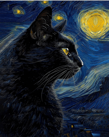 a painting of a black cat looking up at the moon