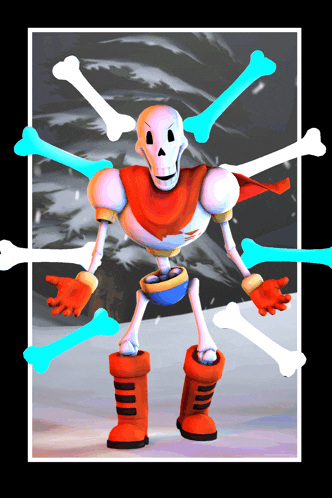 a cartoon skeleton with a red cape and boots surrounded by bones