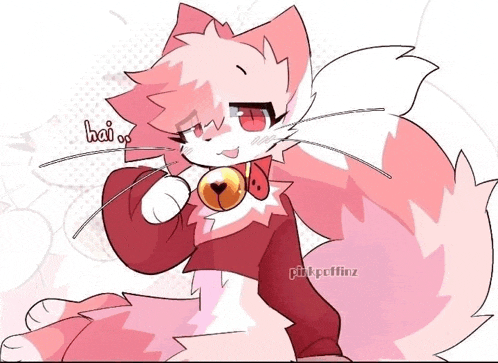 a drawing of a pink cat with a bell around its neck