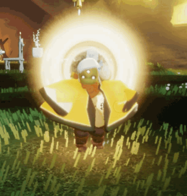 a cartoon character is standing in a field with a circle of light surrounding him