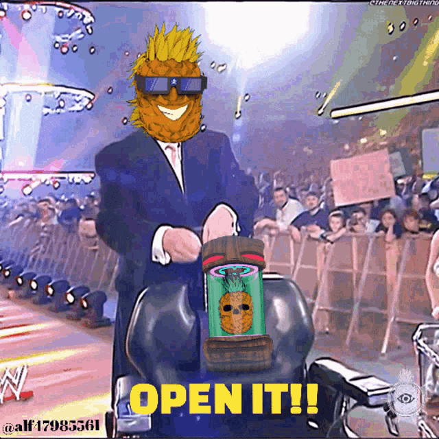 a cartoon of a man with a pineapple on his head and the words open it on the bottom
