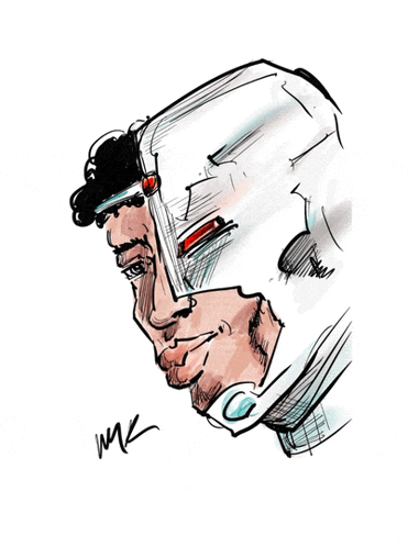 a drawing of a man wearing a futuristic helmet has the letters mk on the bottom