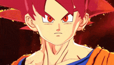 a close up of a cartoon character with red hair and orange eyes