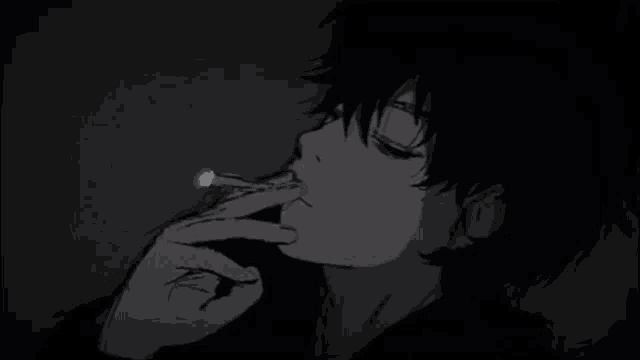 a black and white drawing of a boy smoking a cigarette .