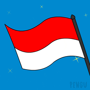 a penguin is waving a red white and blue flag in the air