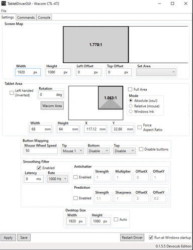 a screenshot of a program called tabletdriver gui
