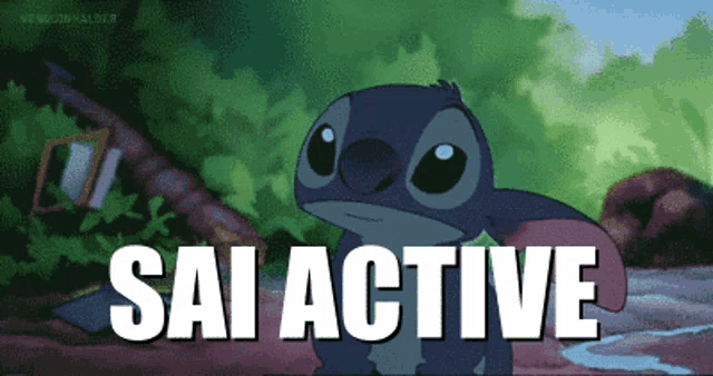 a cartoon of stitch with the words sai active behind him