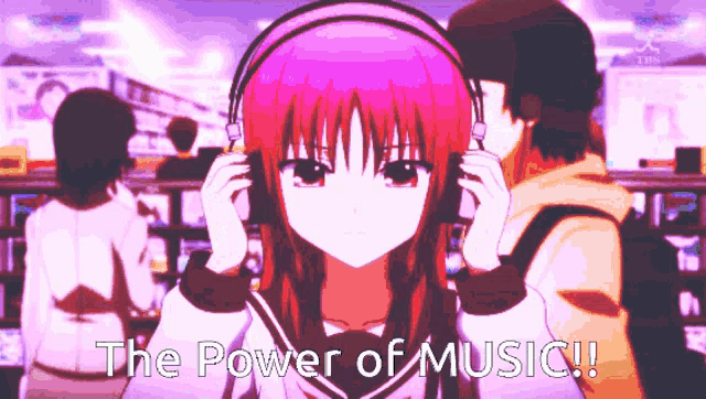 a girl wearing headphones with the words " the power of music " written below her
