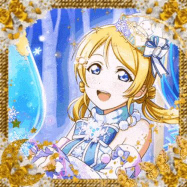 a picture of a girl with blonde hair and blue eyes is in a gold frame