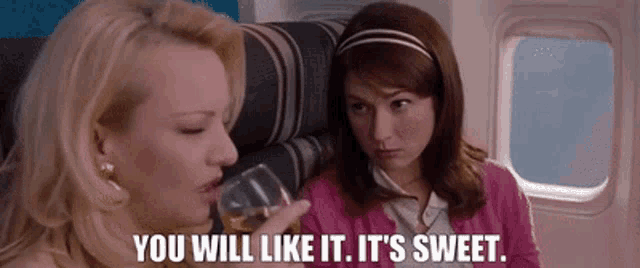 two women are sitting next to each other on an airplane .