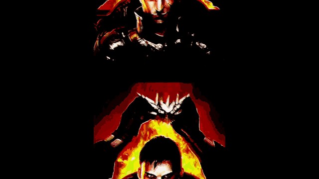 a painting of a man with a red face and a fire background