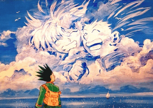 a painting of a man standing in front of a cloud with the letter t on the back