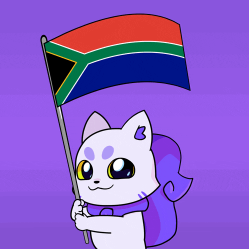 a cartoon drawing of a cat holding a south africa flag
