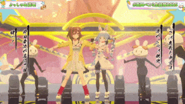 a group of anime girls are dancing on a stage with chinese writing on it