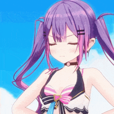 a girl with purple hair and pigtails is wearing a choker