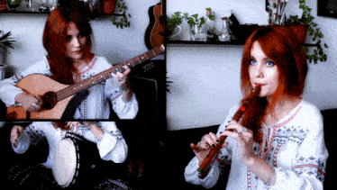 a woman playing a guitar and a flute in a collage