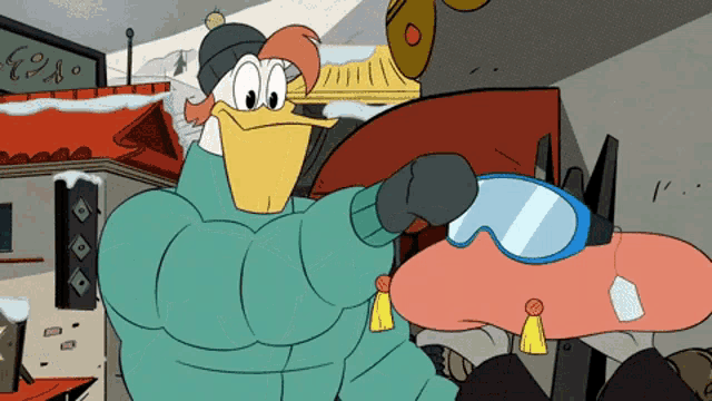a cartoon of a duck wearing goggles and a sweater