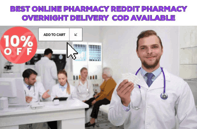 a doctor is holding a bottle of pills in front of a sign that says 10 % off
