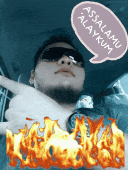a man wearing sunglasses is sitting in a car with a speech bubble that says assalamu alaykum