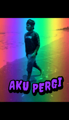 a picture of a man walking on a beach with aku pergi written in purple
