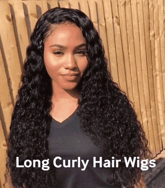 a woman wearing a long curly hair wig