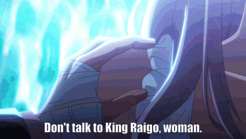 a person holding a blue object with the words " do n't talk to king raigo woman " below it