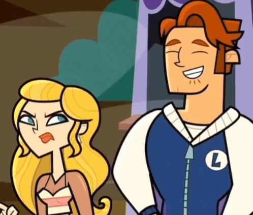 a man and a woman are standing next to each other and the man has a l on his jacket