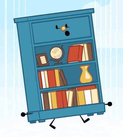 a cartoon drawing of a bookshelf with a face and arms and legs