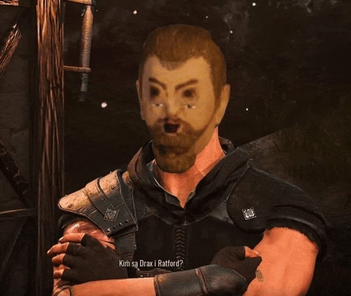 a man with a beard and a mask on his face says kirh sa drax i ratford in a video game