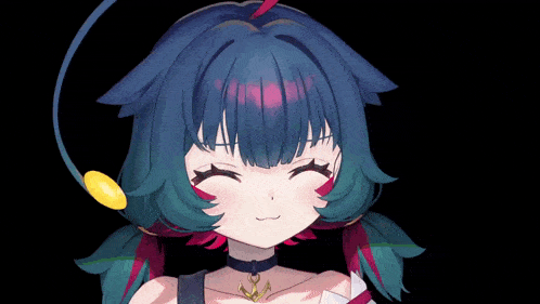 a girl with blue hair and a choker with an anchor on it smiles