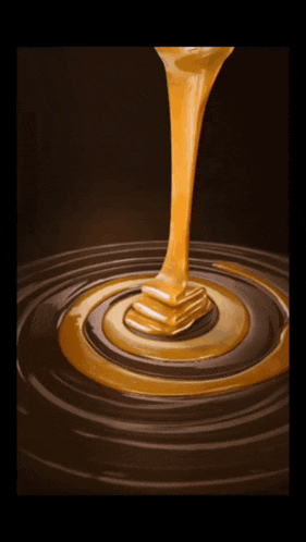 a painting of caramel being poured into a chocolate sauce