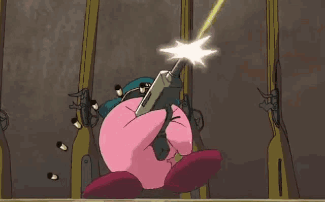 kirby is holding a gun in a cartoon while shooting bullets .