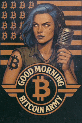 a poster of a woman holding a microphone with the words " good morning bitcoin army " on it