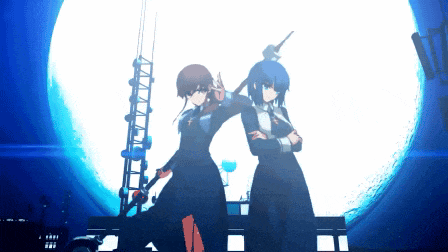 two anime characters are standing next to each other