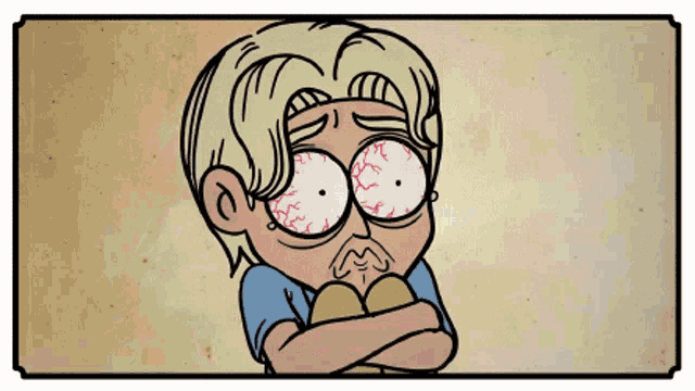 a cartoon of a man with his arms crossed and his eyes red